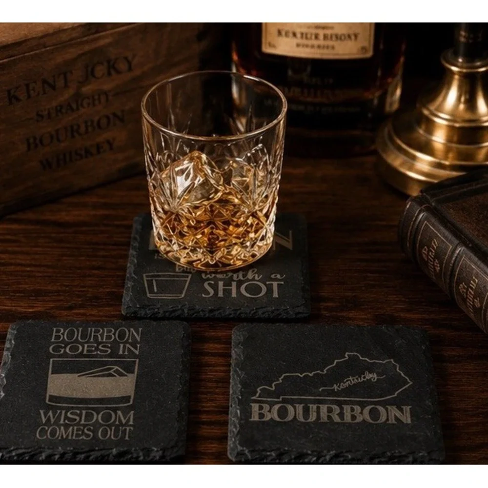 Set of 4 Bourbon Slate Coasters Kentucky Whiskey Bar Man Cave Drink Decor